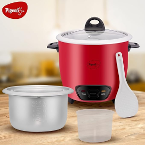 Pigeon by Stovekraft Ruby Rice Cooker with Single pot, 1.8 litres.(Red) | Toughened Glass Lid | 700 Watts | 2 Aluminium Cooking Pot | Measuring Cup| S