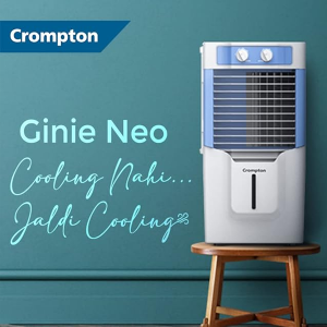 Crompton Ginie Neo Table-Top Personal Air Cooler- 10L; with 4-Way Air Deflection and High Density Honeycomb pads; White & Blue