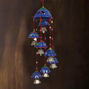 Kuber Industries Rajasthani Design Handcrafted Hanging Windchimes|Latkan with 8 Bells for Home Decor & Positive Energy,Pack of 2 (Blue), Plastic